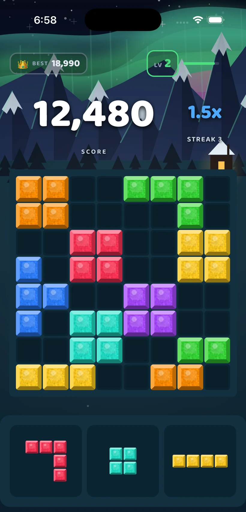 BlockBolt gameplay in the Aurora Borealis theme