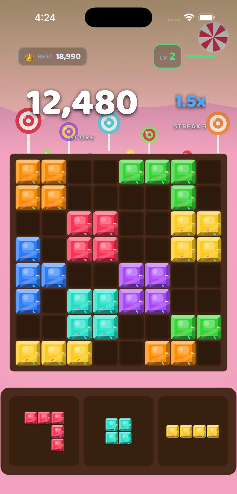 BlockBolt gameplay in the Candyland theme