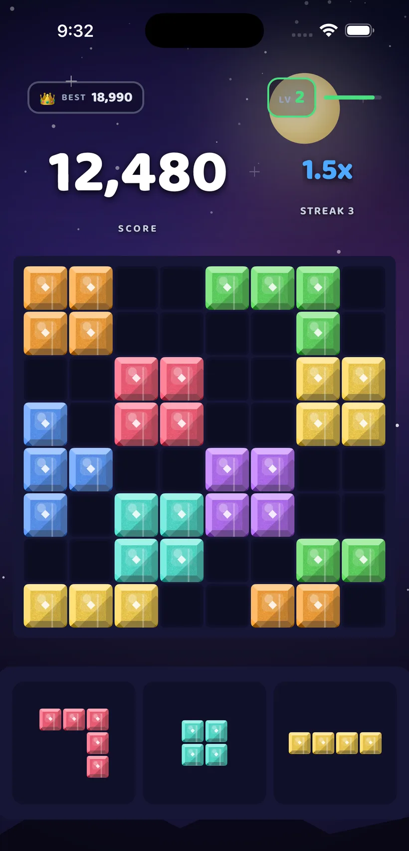 BlockBolt gameplay in the Cosmic Night theme