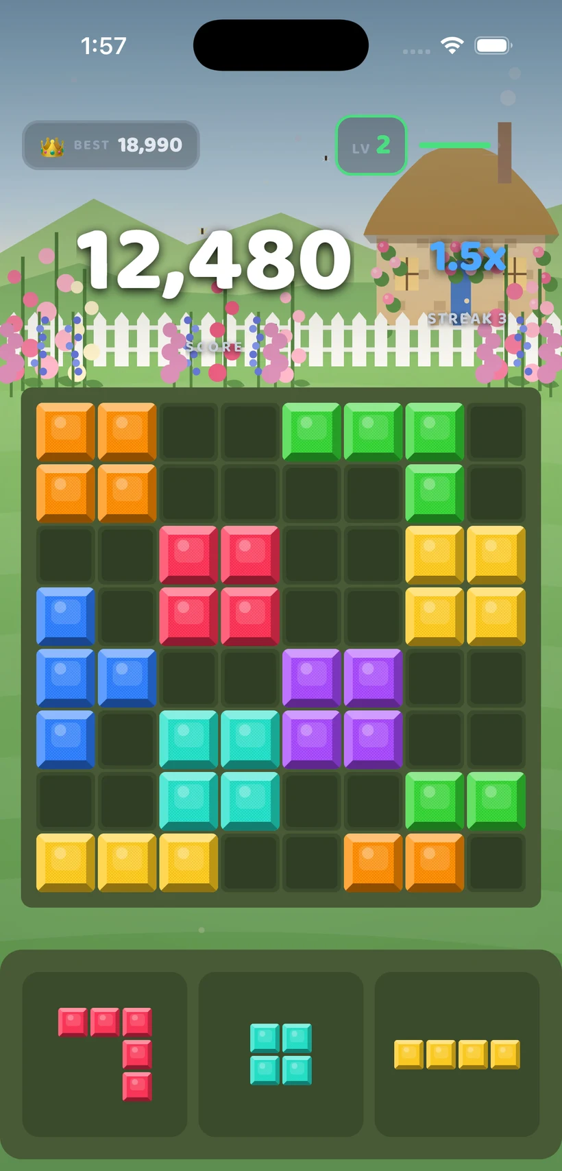 BlockBolt gameplay in the Cottage Garden theme