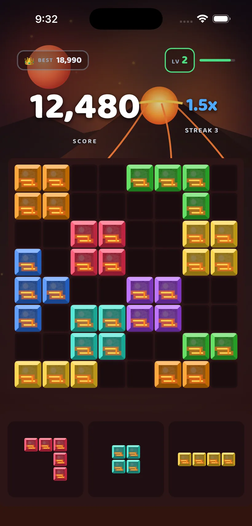 BlockBolt gameplay in the Ember Peak theme