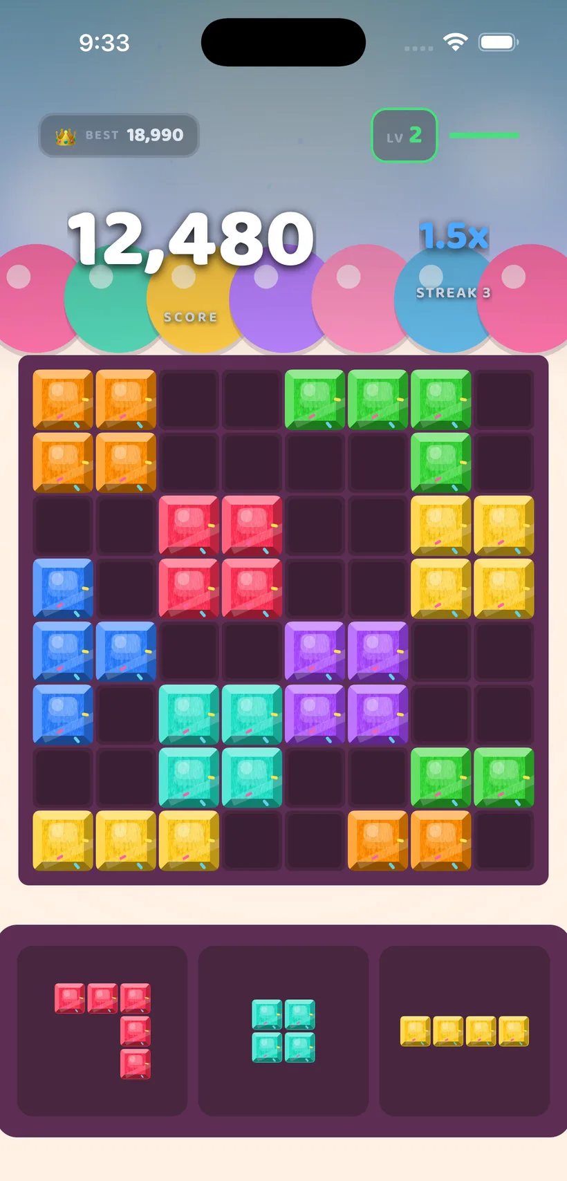 BlockBolt gameplay in the Ice Cream Land theme
