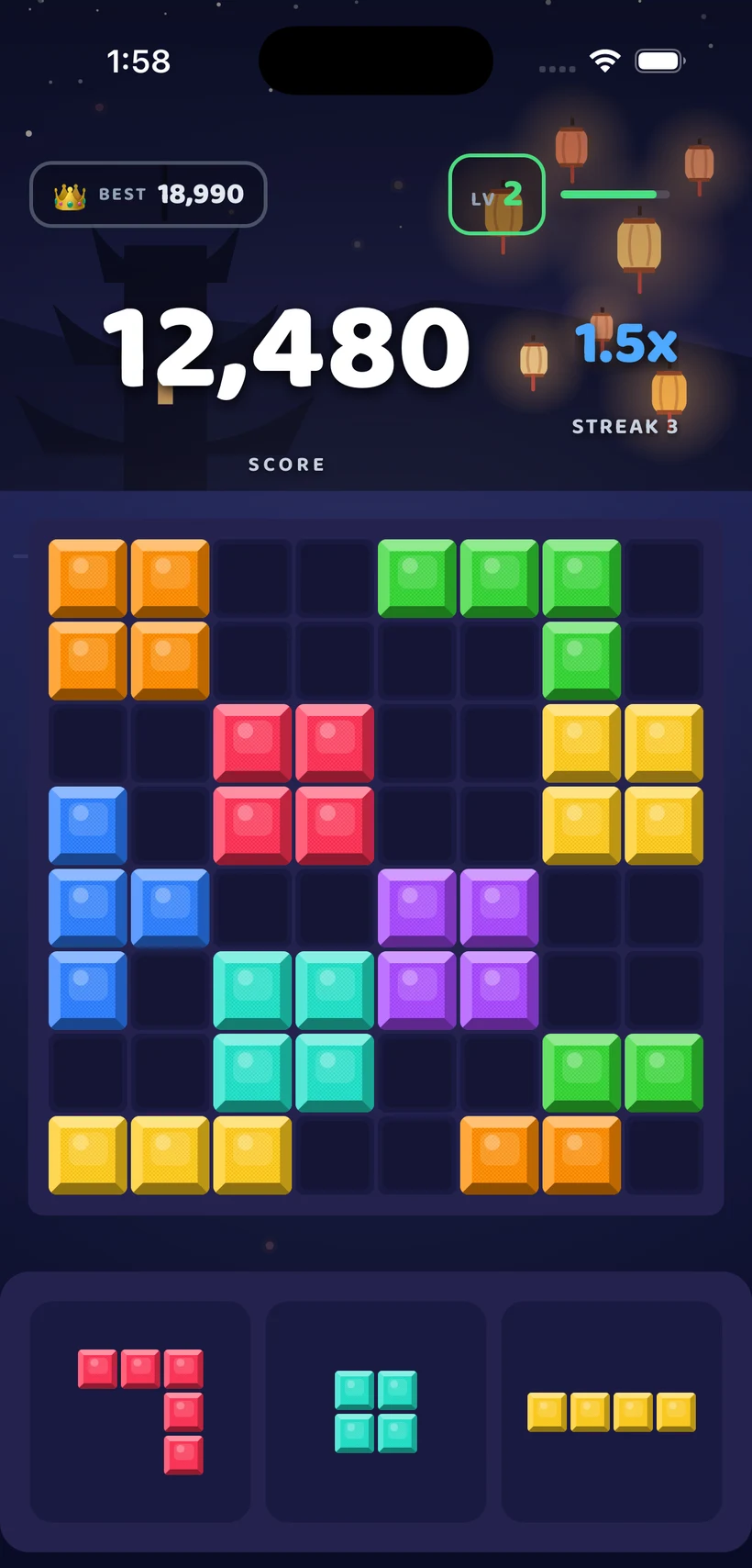 BlockBolt gameplay in the Lantern Night theme