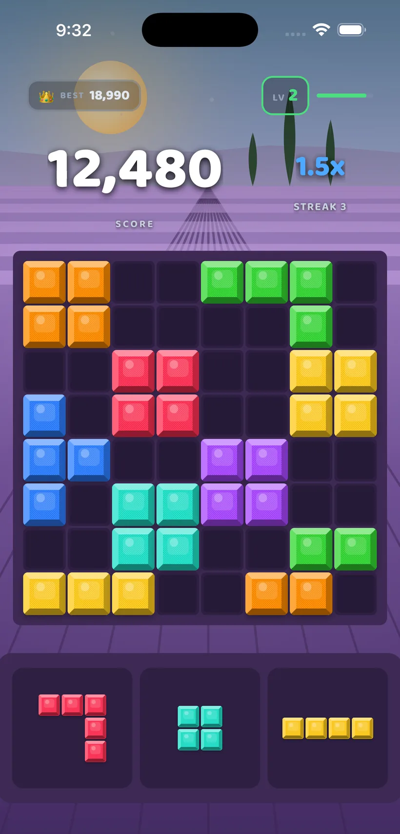BlockBolt gameplay in the Lavender Fields theme