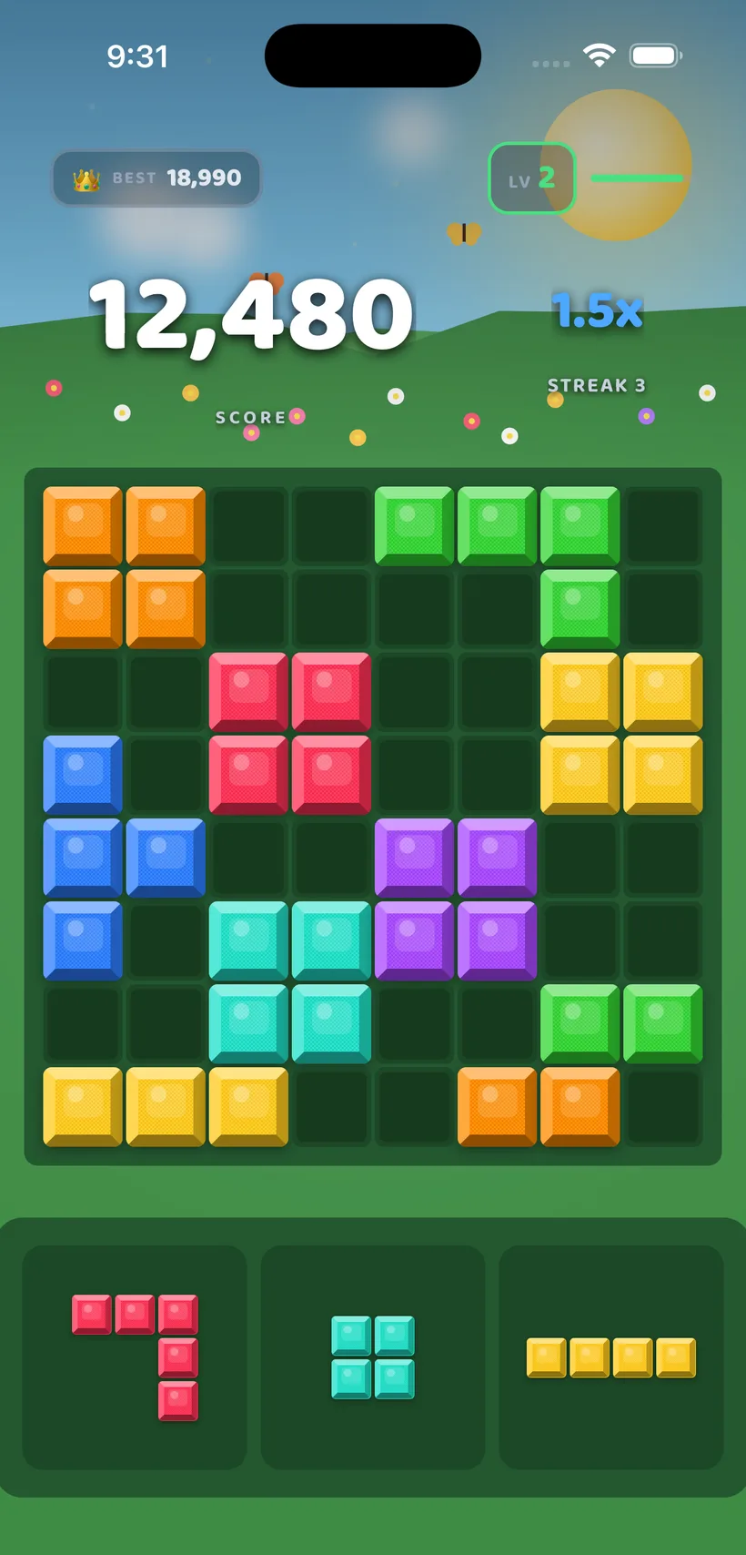 BlockBolt gameplay in the Meadow theme