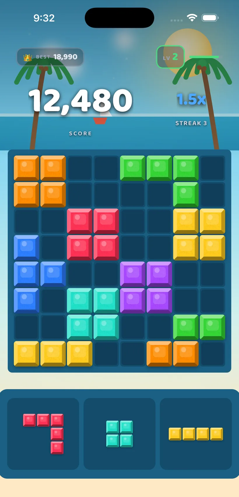 BlockBolt gameplay in the Paradise Beach theme
