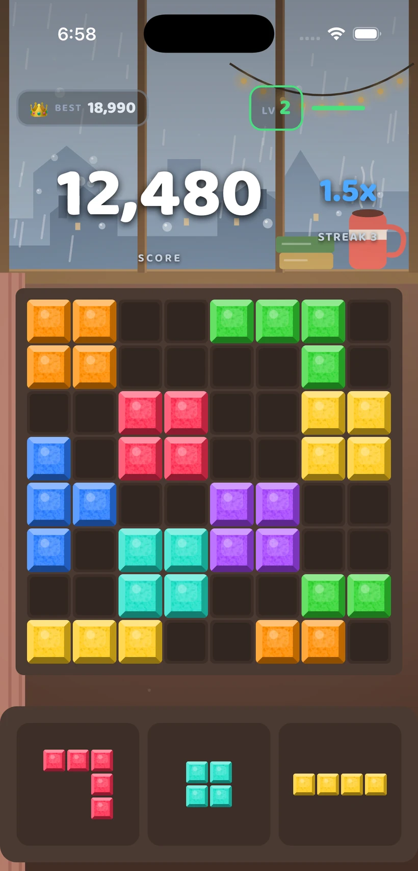 BlockBolt gameplay in the Rainy Window theme