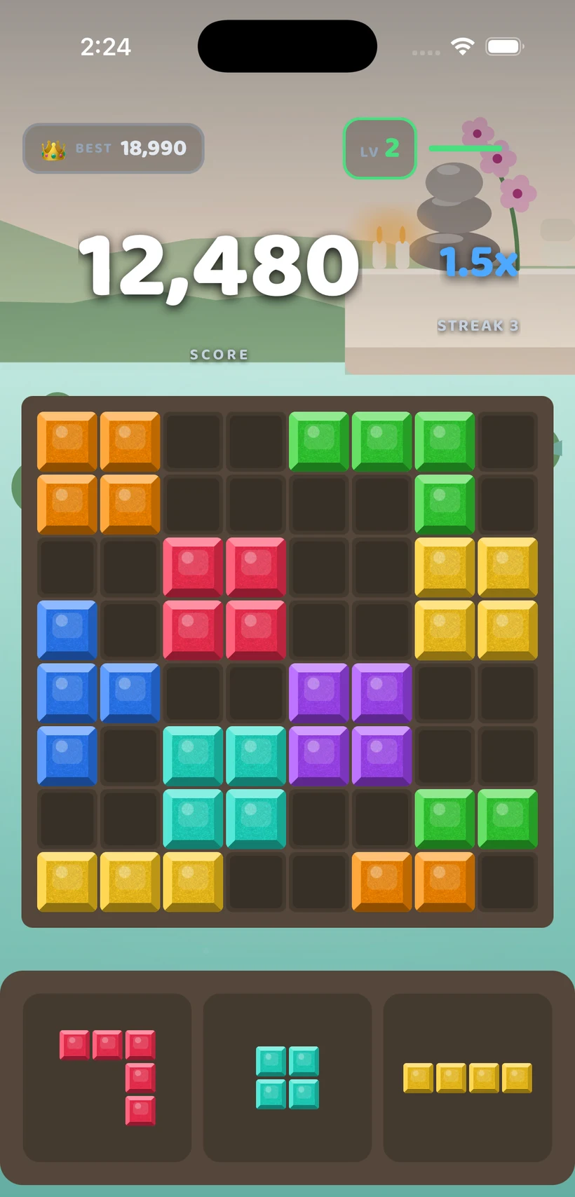 BlockBolt gameplay in the Spa Day theme