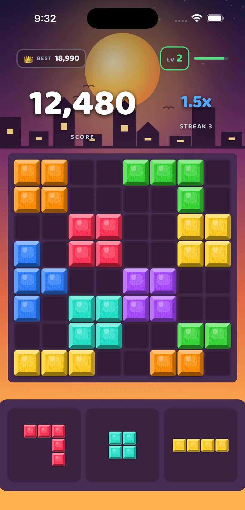 BlockBolt gameplay in the Sunset theme