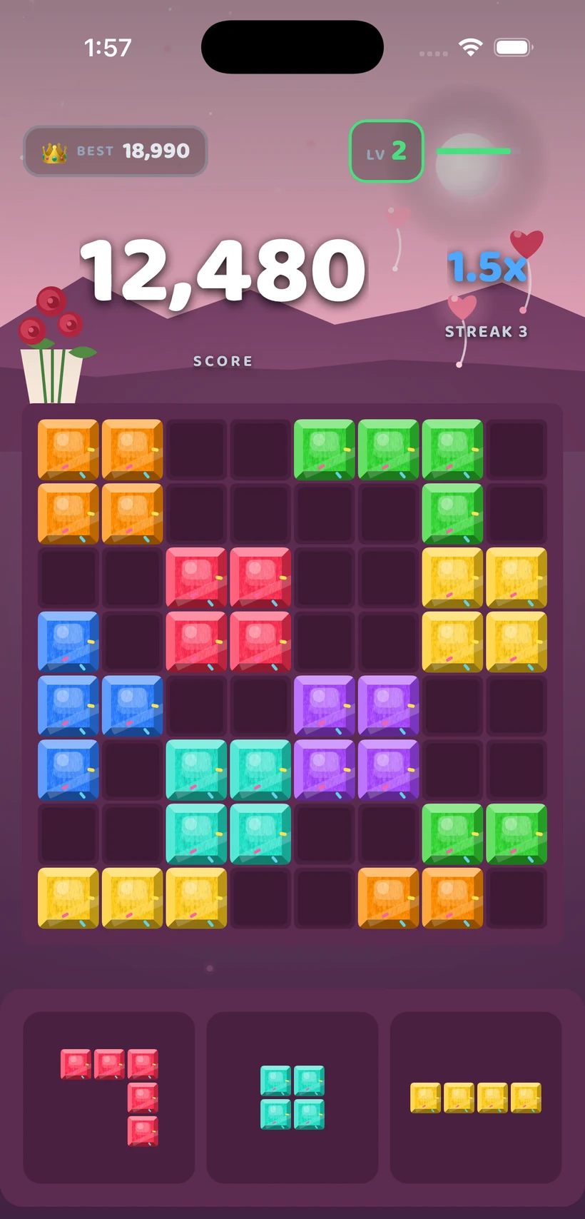 BlockBolt gameplay in the Sweetheart theme