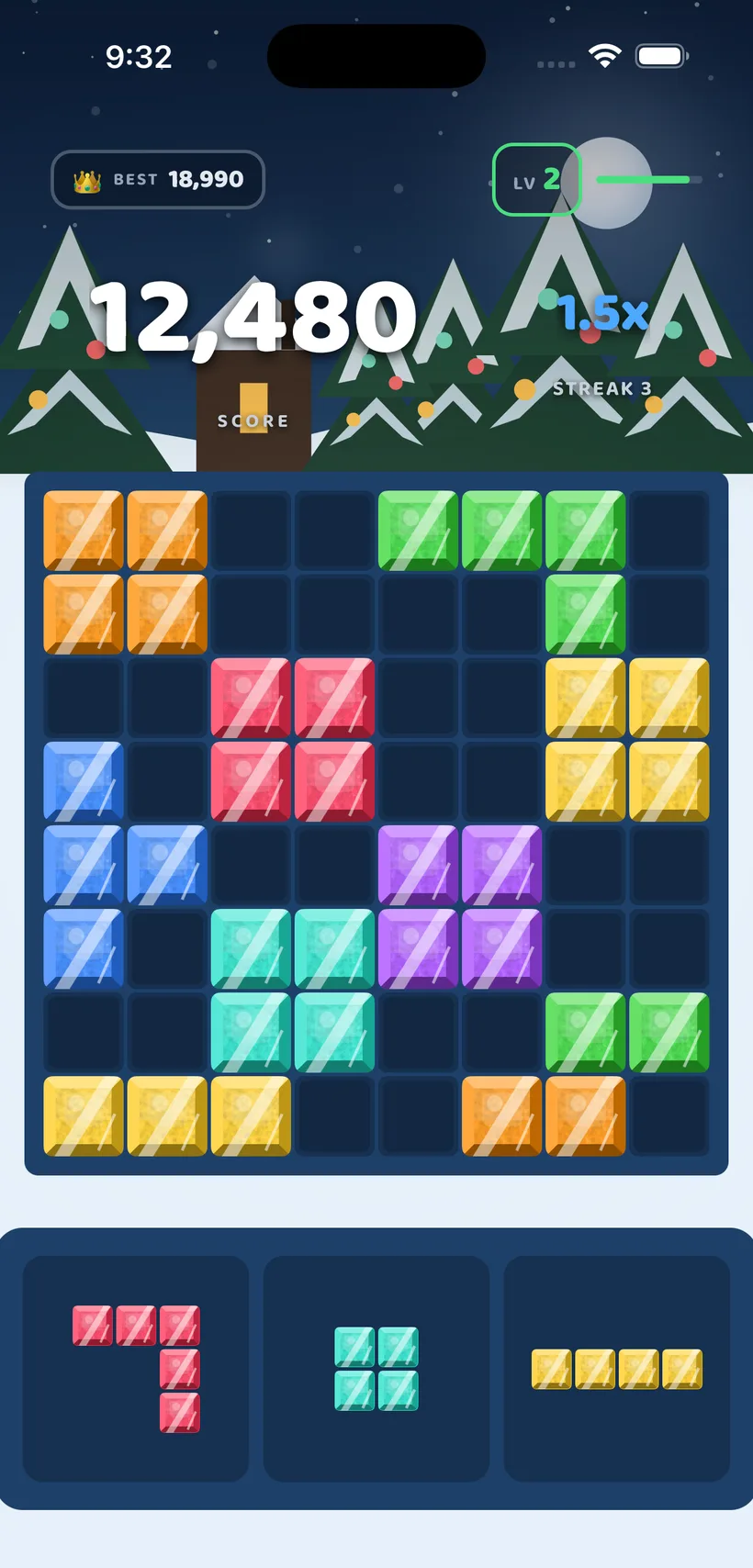 BlockBolt gameplay in the Winter Wonderland theme