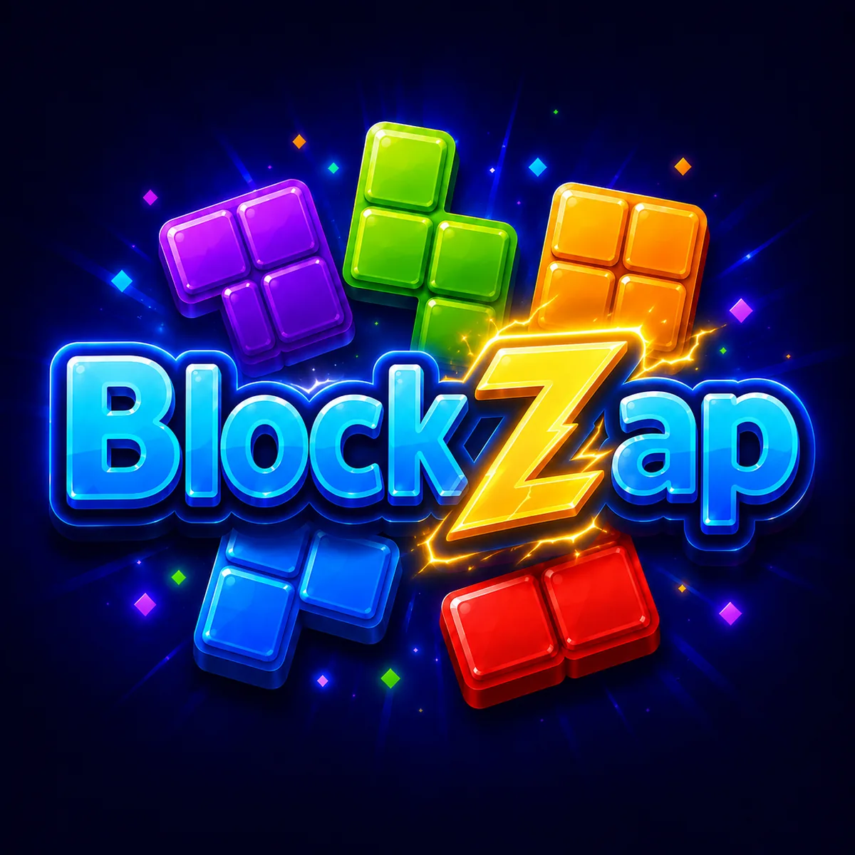 BlockZap key art: the BlockZap logo with a golden lightning-bolt Z, surrounded by glossy coloured puzzle blocks on a deep navy background